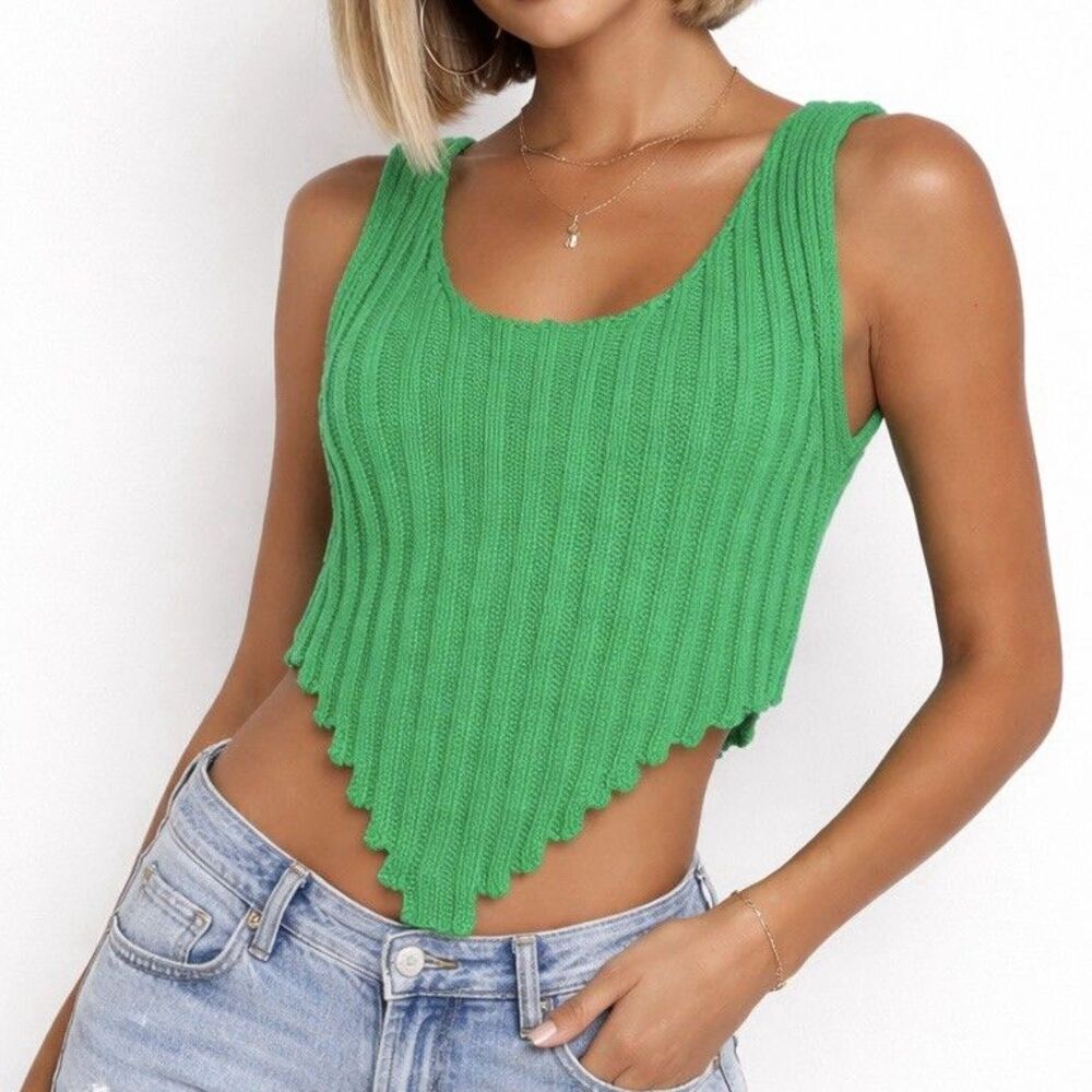 Almost Famous Tank Top Corset Cut Cropped Womens Neon Green Cable Knit Large